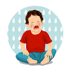 Toddler sitting and crying with mouth wide open on teardrop background. Terrible twos syndrome.