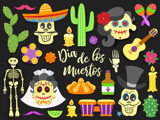 Dia de los muertos. Day of the Dead traditional mexican holiday elements set. Paper cut style flat icons with shadow on black background. Vector illustration.