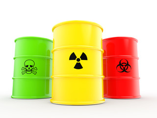 3d barrel drums with radiations bio hazard and toxic material symbols