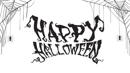 Spooky happy halloween text with spider web isolated on white background. scary, haunted and creepy hand lettering for party invitation, greeting card, banner