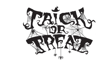Spooky trick or treat text with spider web isolated on white background. scary, haunted and creepy hand lettering for party invitation, greeting card, banner
