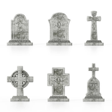 Different gravestone models isolated on white background with soft reflections