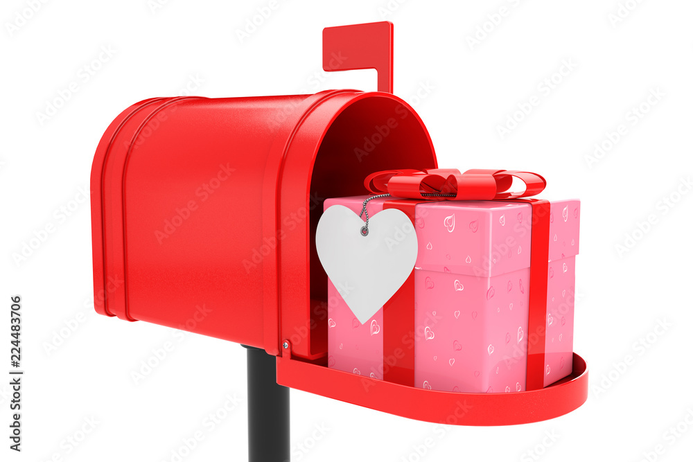 Poster ornate with hearts paper gift box with red ribbon in red mailbox. 3d rendering