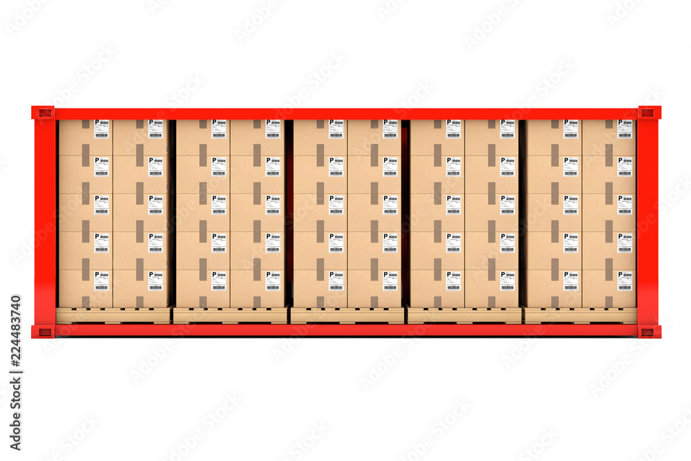 Aufkleber Rows of Cardboard Boxes on Wooden Palettes in Red Shipping Container with Removed Side Wall. 3d Rendering