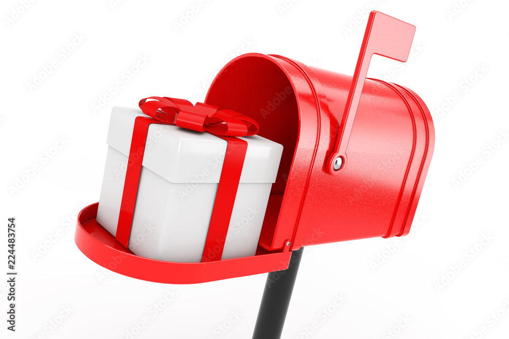 Poster White Gift Box with Red Ribbon in Red Mailbox. 3d Rendering
