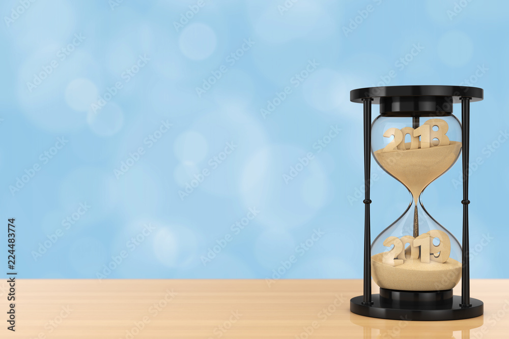 Poster new 2019 year concept. sand falling in hourglass taking the shape from 2018 to 2019. 3d rendering