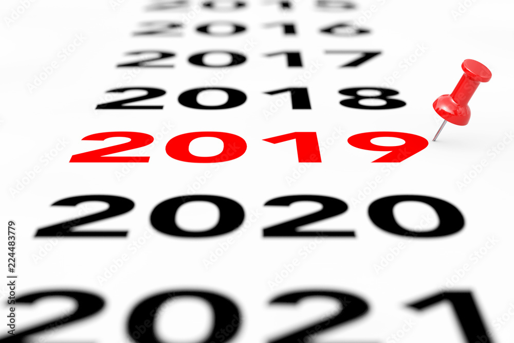 Aufkleber new 2019 year sign with red pin marker. 3d rendering