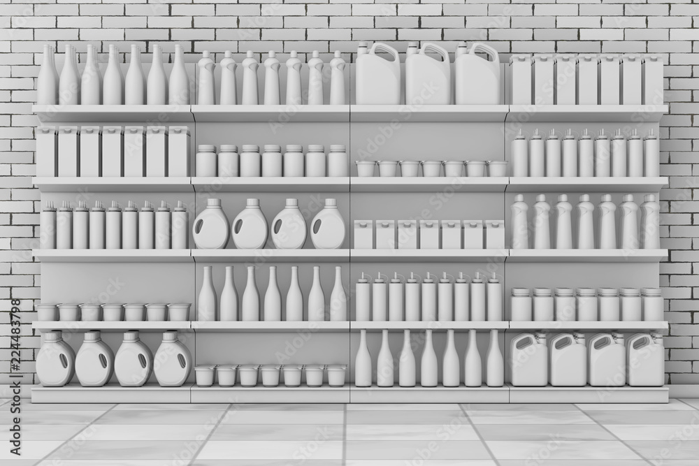 Poster Supermarket Shelving Rack with Blank Products or Goods in Clay Style. 3d Rendering