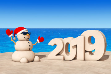 Sandy Christmas Snowman at Sunny Beach with 2019 New Year Sign. 3d Rendering