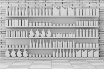 Supermarket Shelving Rack with Blank Products or Goods in Clay Style. 3d Rendering
