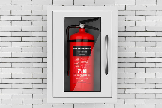 Red Fire Extinguisher in a Wall Mounted Emergency Storage Box. 3d Rendering