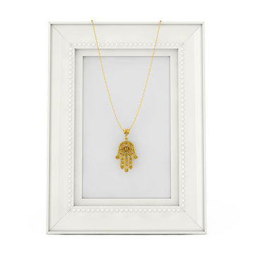 Golden Hamsa, Hand of Fatima Amulet Coulomb over Empty Photo Frame. 3d Rendering