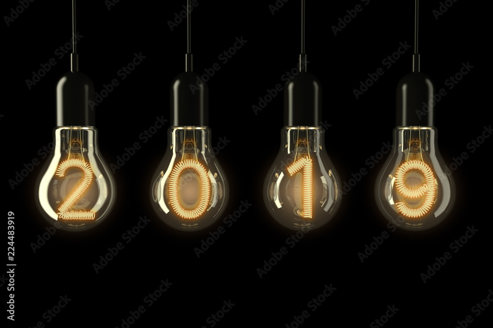 Poster light bulbs illuminated 2019 new year. 3d rendering