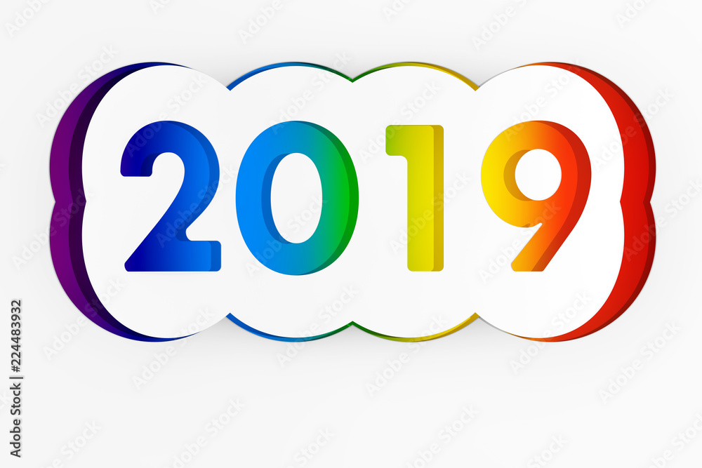 Poster 2019 happy new year sign cut from paper. 3d rendering