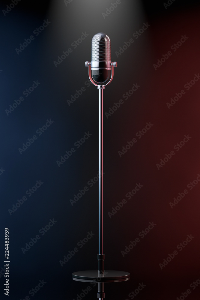 Poster vintage silver microphone in the color volumetric light. 3d rendering