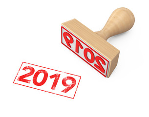 Wooden Rubber Stamp with 2019 New Year Sign. 3d Rendering
