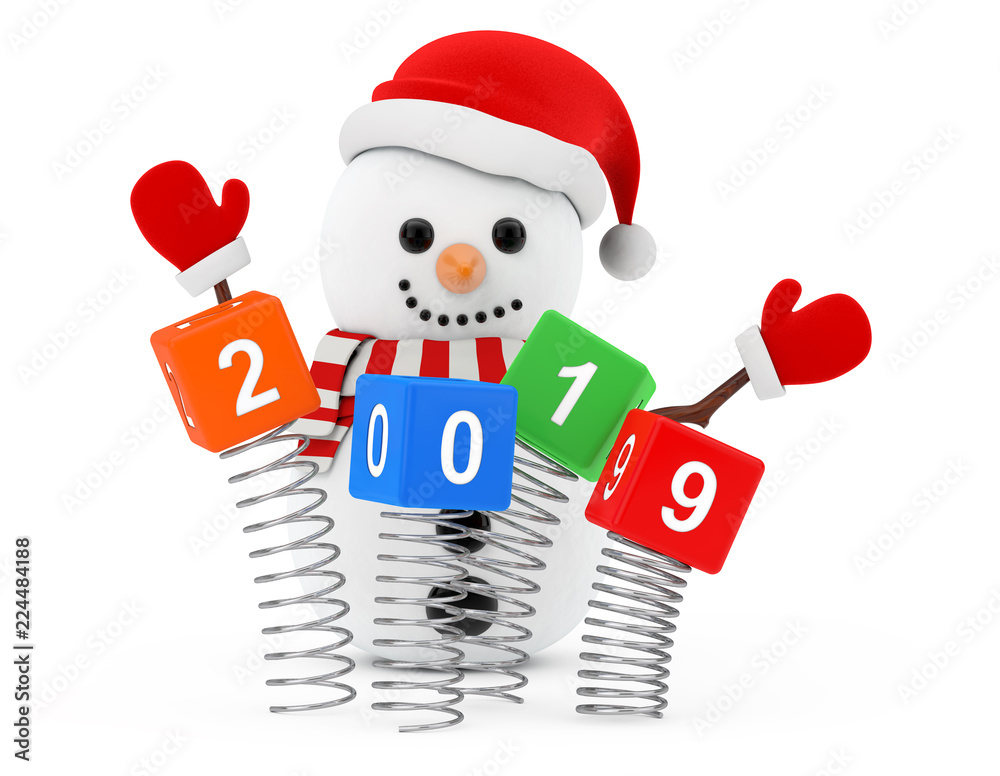 Poster new year concept. snowman near christmas spring cubes with 2019 new year sign. 3d rendering