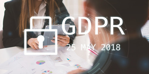GDPR Concept,Businessman hand holding digital tablets sign general data protection regulation and key icon, Cyber security and information privacy,25 may 2018.