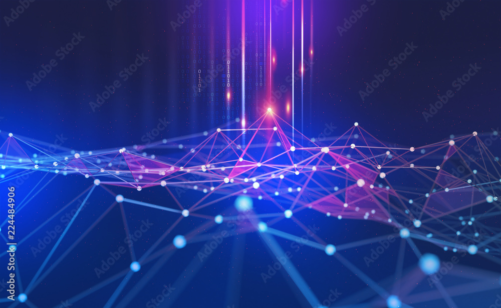 Aufkleber Big Data concept. Blockchain. 3D illustration. Neural networks and artificial intelligence. Abstract technological background with binary code elements