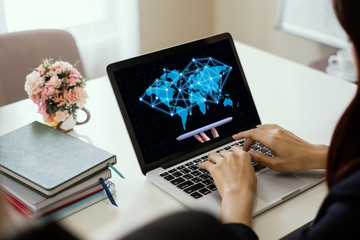 GDPR Concept,A girl works at laptop and hand holding digital tablets sign general data protection regulation and key icon on a laptop screen, Cybersecurity and information privacy,25 may 2018