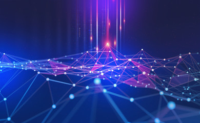 Big Data concept. Blockchain. 3D illustration. Neural networks and artificial intelligence. Abstract technological background with binary code elements