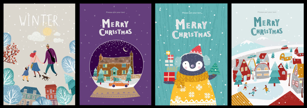  Christmas cute cards or posters, congratulations on a new year or christmas, vector illustration of winter objects and elements