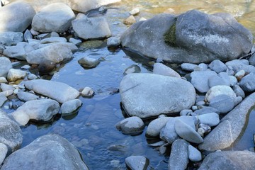Fototapeta na wymiar Forest river under the sunshine with many rocks and crystal waters