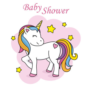 baby shower card. Cute unicorn surrounded by stars