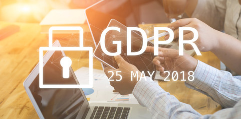 GDPR Concept,Businessman hand holding digital tablets sign general data protection regulation and key icon, Cyber security and information privacy,25 may 2018.
