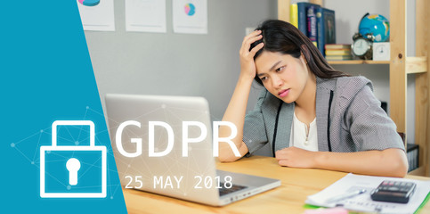 GDPR Concept,Businesswoman hand holding digital laptop sign general data protection regulation and key icon, Cyber security and information privacy,25 may 2018.