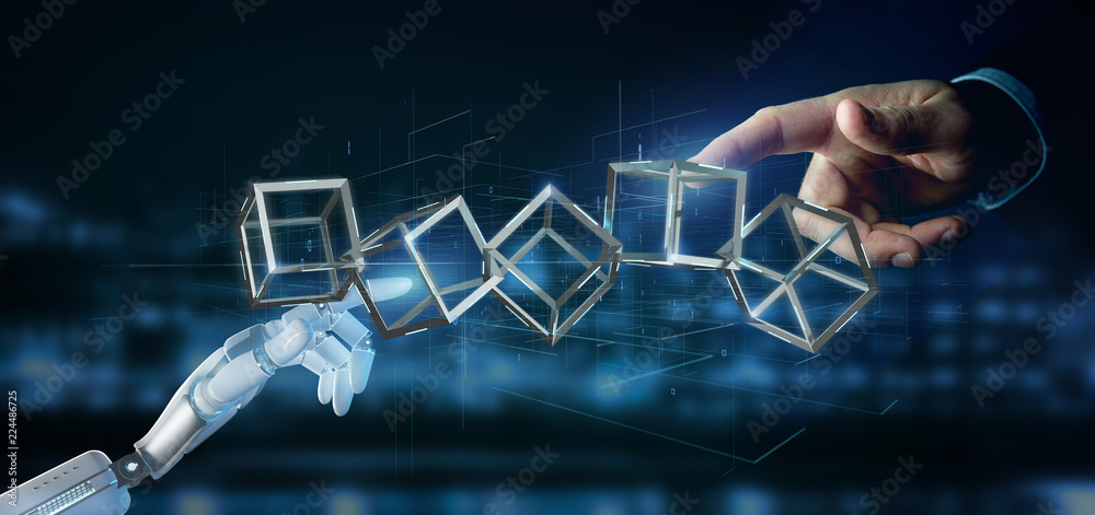 Poster cyborg hand holding a blockchain cube 3d rendering