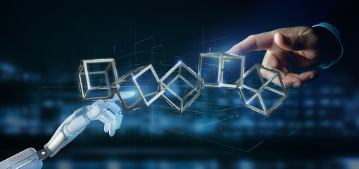 Cyborg hand holding a blockchain cube 3d rendering