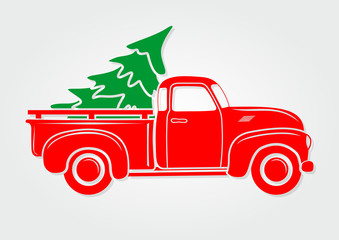 Vintage pickup, truck with Christmas tree. Vector illustration.   © zfmbek