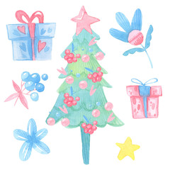 watercolor cartoon illustration. Set of elegant Christmas tree, candy, gifts, flowers, balls, berries, stars