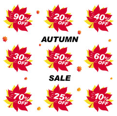 Template discount autumn banner. A set of numbers for discounts. Bright banner for autumn sale. Discount 10 20 50 70 off on background red leaf. Sale Red Tag Isolated