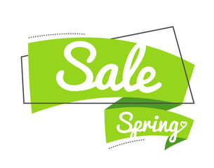 Vector illustration linear style. Bright promotion banner. flat bubble sticker or label. Text on green ribbon spring sale.