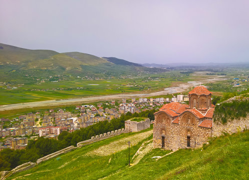 Panoramic aerial view to Berat old town and Osum river and Holy Trinity Church from Berat Castle , Albania