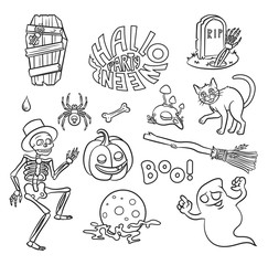 Set of Halloween characters and text "Halloween party" in cartoon style. Vector isolated illustration. Can used for coloring book, printing on clothes, banners, posters, web design.