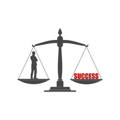 Businessman and word success on a balance scale