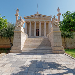 Obraz premium Greece, academy of Athens main facade view with Socrates and Plato statues