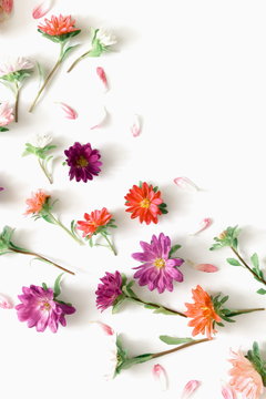 Flowers composition. Pattern made of fall flowers on white background. Autumn flowers concept. Flat lay, top view, copy space 