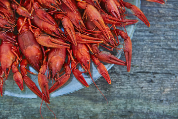 Crawfish cooked and served on wooden background