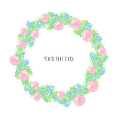 watercolor cartoon illustration. new year frame. Christmas wreath with spruce branches, balls