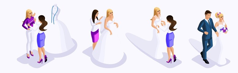 Obraz premium Isometry of a man and woman at the wedding, the bride and groom, preparation for the wedding, fitting the dress, sewing workshop, beautiful attire of the bride