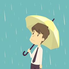 Businessman standing with umbrella in rain. cartoon of business,employee success is the concept of the man characters business, the mood of people, can be used as a background. vector illustration