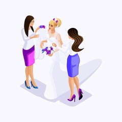 Isometrics sellers help the bride to dress for fitting wedding dress, wedding clothes, vector illustration