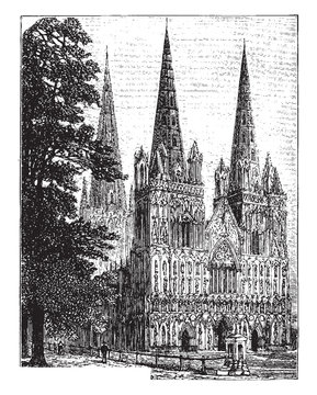 Lichfield Cathedral in Lichfield, only medieval English cathedral, vintage engraving.