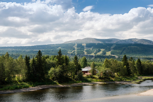 Aerial view of river and mountains, Trysil, Norway's largest ski resort