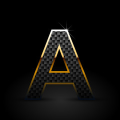 Black carbon fiber letter A uppercase with gold outline isolated on black background