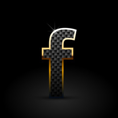 Black carbon fiber letter F lowercase with gold outline isolated on black background